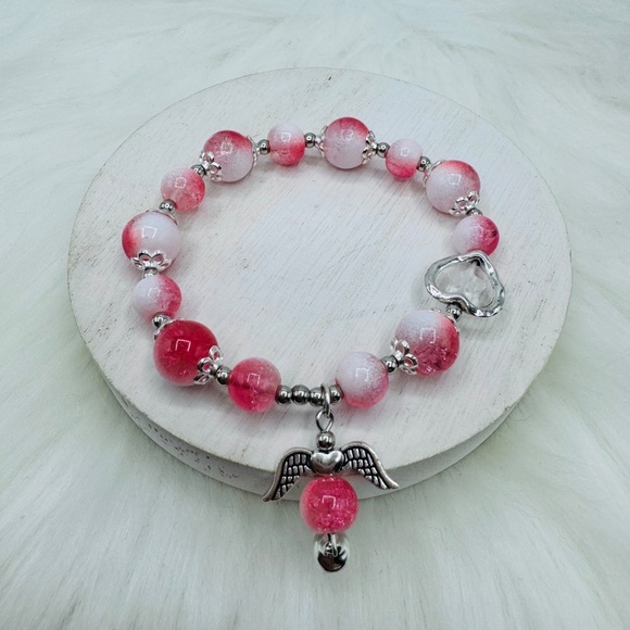 Pink Beaded w/ Angel Charm Bracelet - Small wrists - Picture 4 of 4
